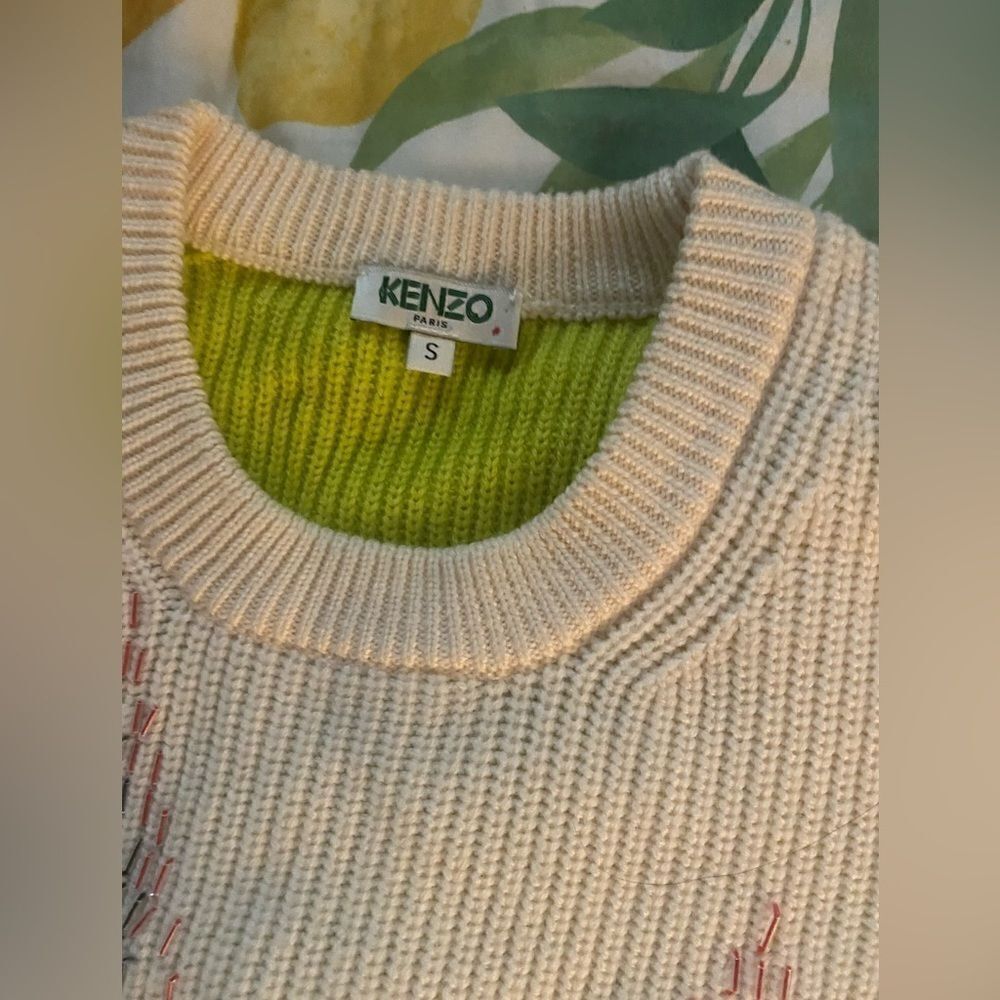 KENZO   Sweater Womens Sz S Beige Wool Embroidered Multicolor  zig zag lines - Picture 3 of 12